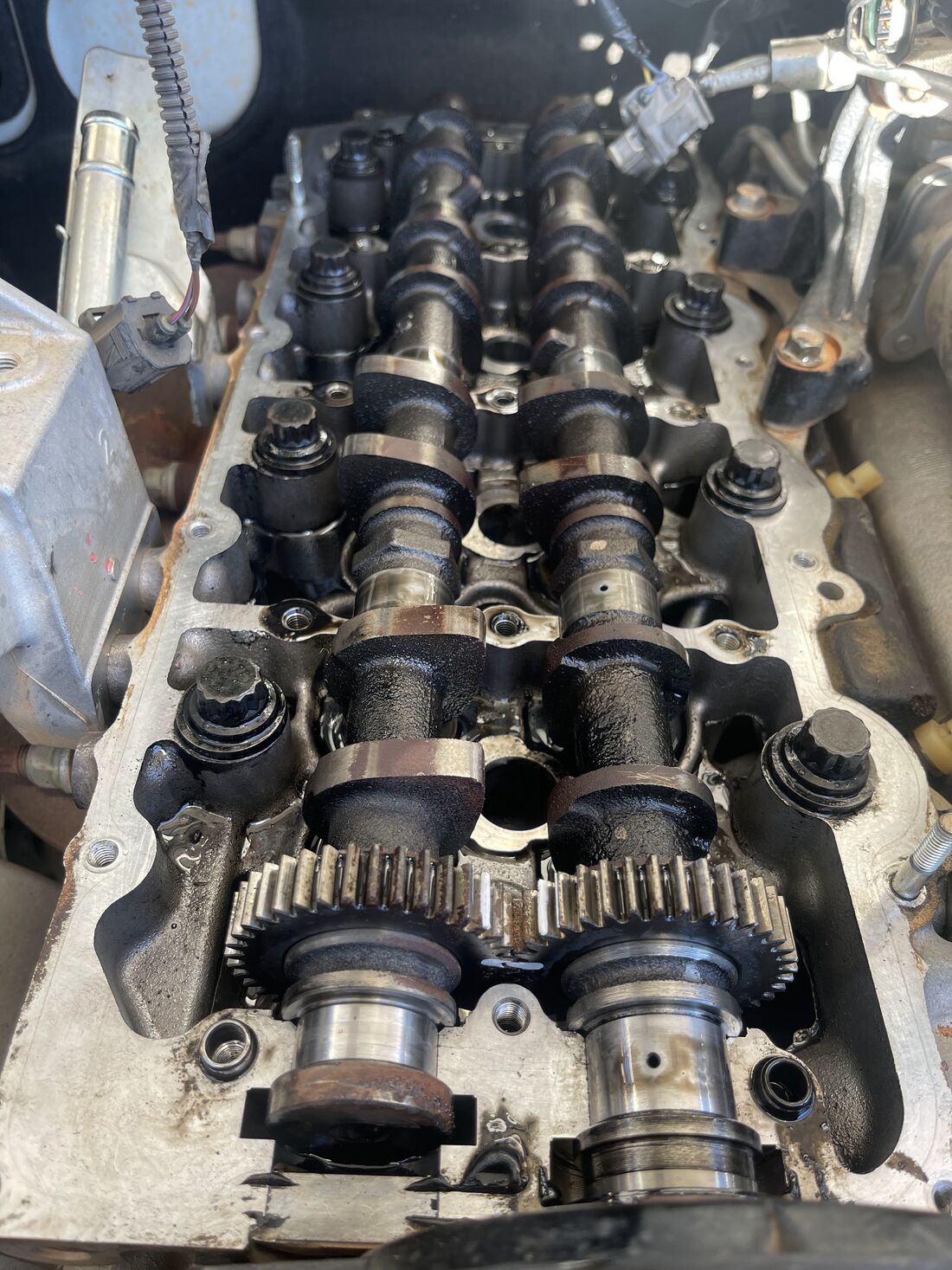 Diesel engine cylinder head with camshafts exposed during a rebuild