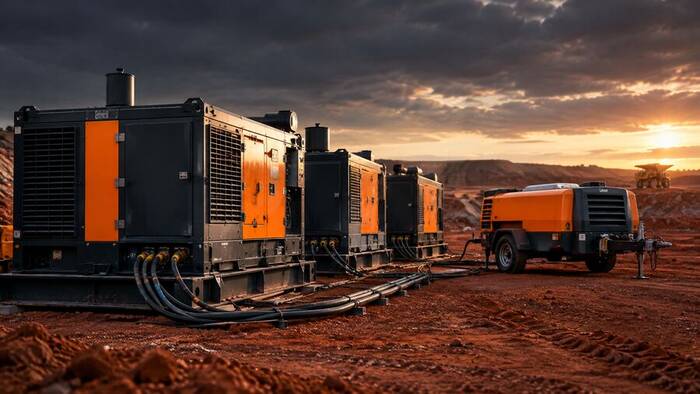 Diesel generator sets and an air compressor in a laydown yard