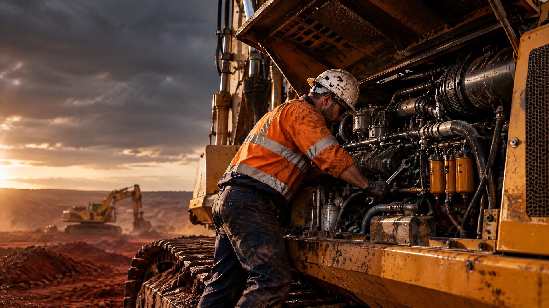 Heavy diesel fitter working at the open engine bay of a mining excavator at golden hour