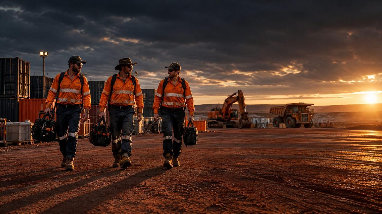 Three fitters in hi-vis walking across a mine site laydown yard at dawn