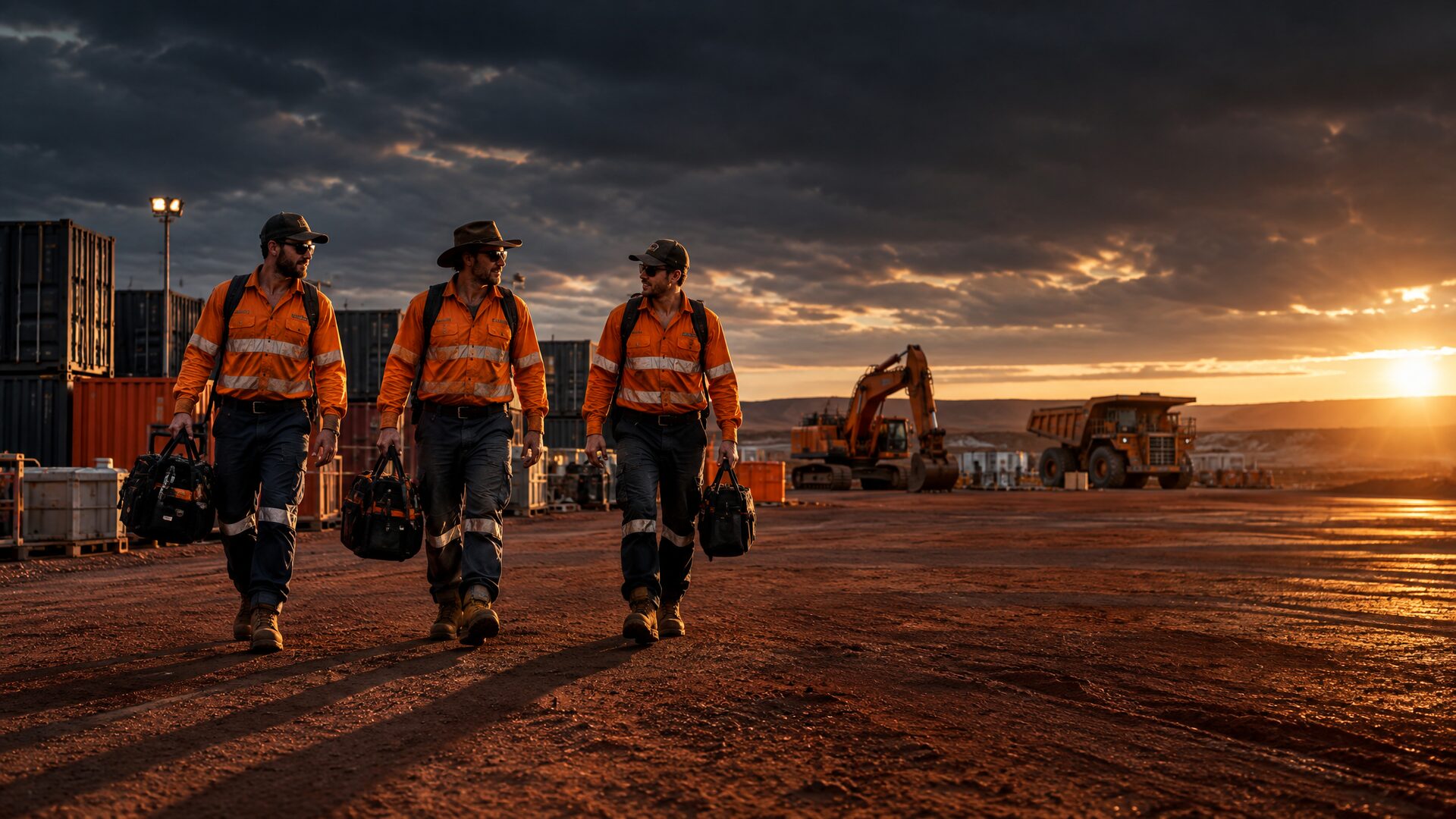 Three fitters in hi-vis walking across a mine site laydown yard at dawn