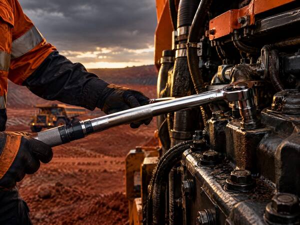 Torque wrench being set on a diesel engine component
