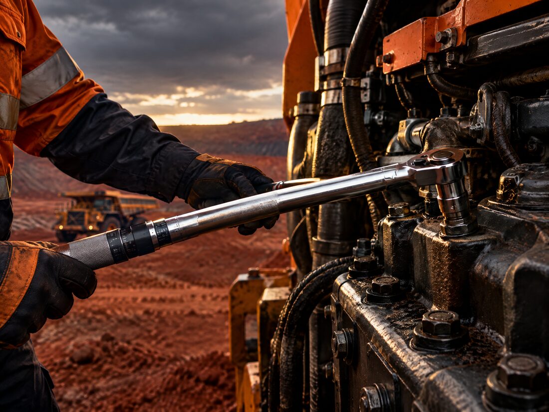 Torque wrench being applied to a bolt on a diesel engine component