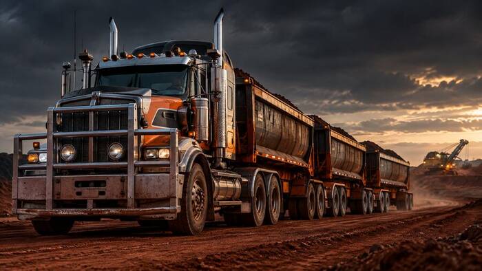 Australian road train prime mover with ore trailers on a haul road