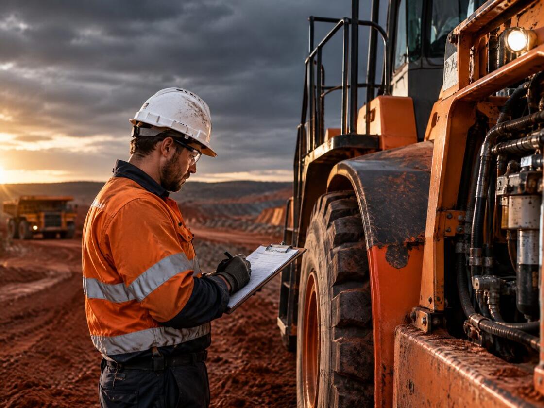 Fitter in full PPE completing a pre-start inspection sheet beside heavy plant