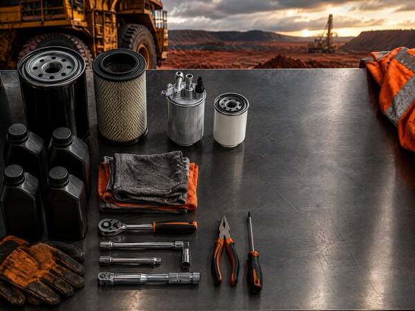 Filters, oils and hand tools laid out on a steel service bench