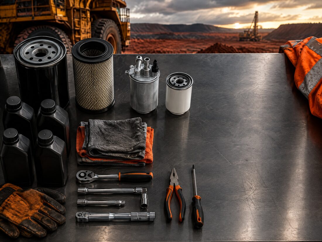 Filters, oils, rags and hand tools laid out on a steel service bench